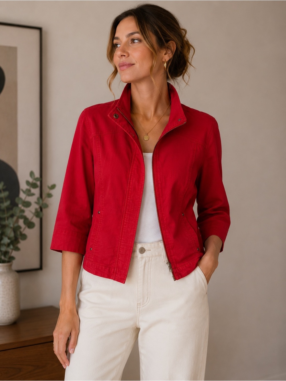 FDJ French Dress Red Utility 3/4 Sleeve Lightweight Jacket Size 14 Cotton Blend